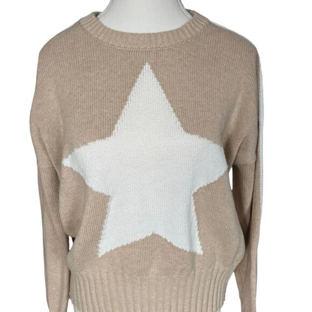 MINNIE ROSE Womens XS Star Sweater Tan Beige Cream Cotton Cashmere Crew Pullover - Picture 3 of 9